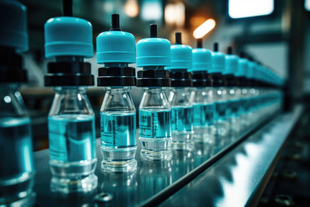 Advanced Vaccine Production: Showcasing cutting-edge technology, a photo highlights an industrial conveyor system in the advanced production of vaccinesの素材