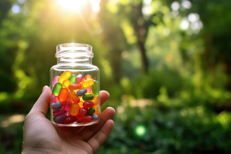 Vibrant image: chewable vitamins in a glass jar, Gummy supplements tempting in a colorful arrayの素材