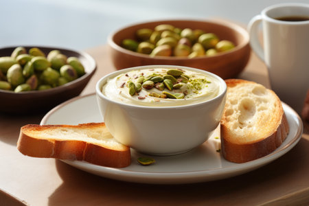 Nutty indulgence: a bowl of pistachio paste, accompanied by pistachios and toast on a light wooden table, alongside a steaming cup of coffeeの素材