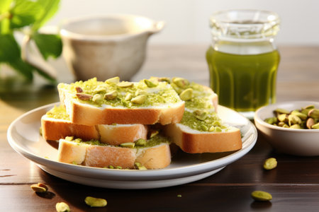 Morning bliss captured: square toasts carrying a generous layer of pistachio paste, placed on a pristine white tableの素材