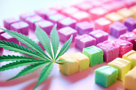 Candy paradise: an enticing display of sweet varieties alongside cannabis leaves, a tempting paradise infused with CBD sweetnessの素材