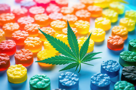 Confectionery delight: a table adorned with an array of sweet delights and cannabis leaves, a delectable fusion with CBD sweetnessの素材