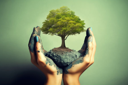 greenwashing, illustration of a green tree in hands on a green backgroundの素材