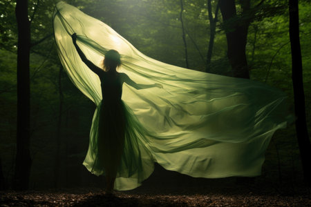 photograph of a woman in a green flowing dress on a dark backgroundの素材