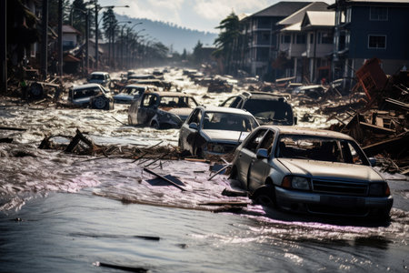 Tsunami disaster aftermath: cars submerged on flooded city streetsの素材