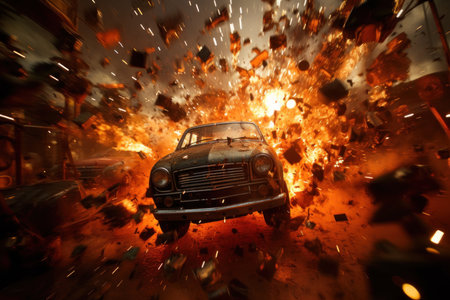 Explosive Impact: A vehicle erupts in chaos, its fragments airborne. A scene of vehicular disaster unfolds, depicting the aftermath of a destructive collisionの素材