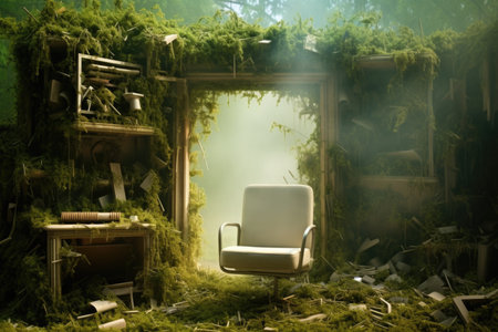 old abandoned room with white armchair and green vegetation., greenwashingの素材