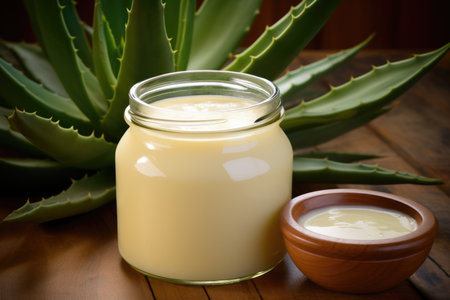 jar of cream adorned by a thriving aloe plant a photo that encapsulates the natural elegance of skincareの素材