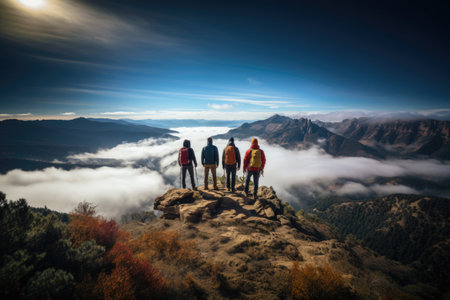 Picture a collective hiking experience with a scenic view of towering peaks, featuring a diverse group set against the expansive sky and drifting cloudsの素材