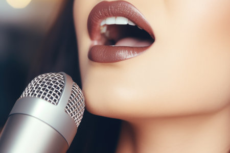 A moment frozen in time, portraying a woman in a sensuous act of serenading through a karaoke microphoneの素材