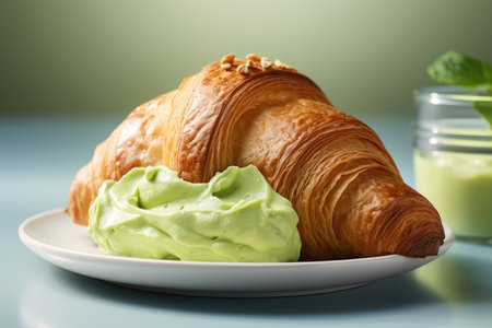 Flaky pistachio delight: a golden croissant with an abundance of pistachio paste, a crispy joy for discerning taste budsの素材
