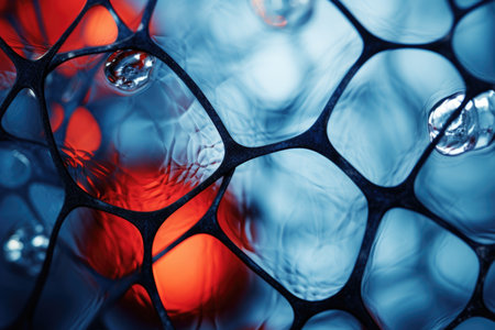 abstraction and biology in this captivating photo, where lines and shapes echo the intricacies of cellular structures, painted in a vivid spectrum of reds and bluesの素材