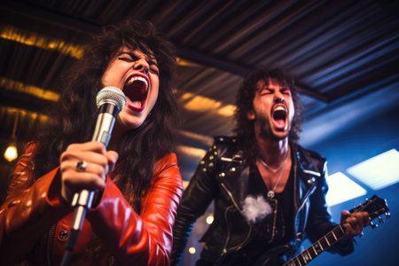 photo of a man and a woman rocker singing into a karaoke microphoneの素材