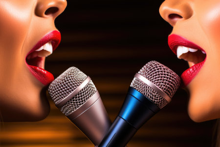 A visual ode to the melodic synergy as two female mouths unite in a duet, pouring passion into the karaoke experienceの素材