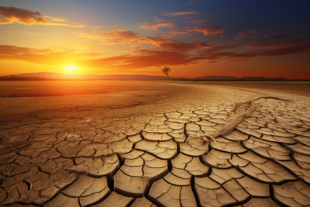 A view of parched earth cracked from the heat, with a sunset-kissed horizonの素材