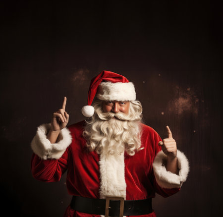 Santa Claus shows space above his head, space for text, Christmas New Year themed advertising posterの素材
