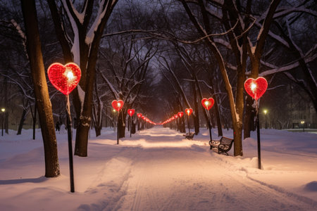 Captivating image of a Valentine's-themed street adorned with love-inspired decorations, evoking romance and celebrationの素材