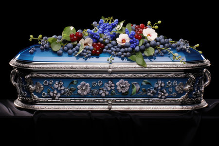 coffin decorated with various fruits and flowers on a black backgroundの素材