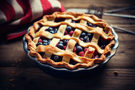 Stars and stripes sweetness: National Pie Day's sweetness captured in a delectable pie arrangement against the familiar stars and stripes of the American flagの素材