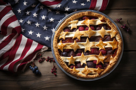 American classic dessert: Picture-perfect pie on the American flag, a delicious nod to National Pie Day's culinary traditionsの素材