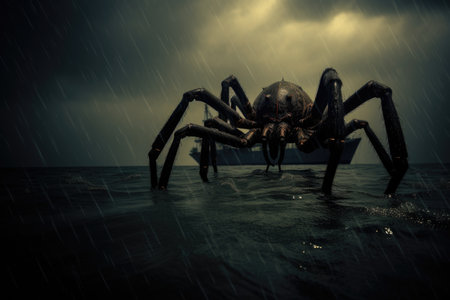 Nautical nightmare: a massive spider poised near ships, creating a scene of oceanic intrigue as it hunts for maritime preyの素材