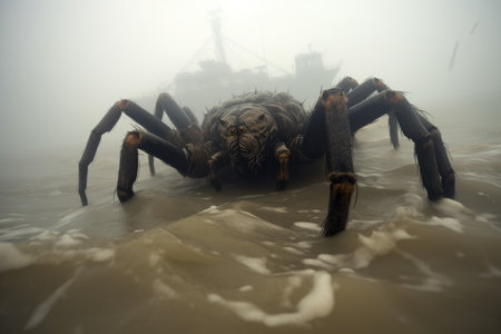 Giant spider at sea: an eerie image capturing a large arachnid poised near ships, weaving a tale of maritime mysteryの素材