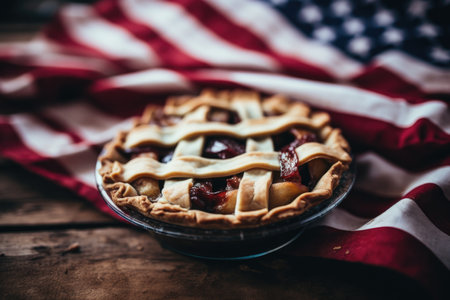 Flavorful patriotism: National Pie Day represented by a delectable pie on the American flag, a tasty tribute to culinary heritageの素材