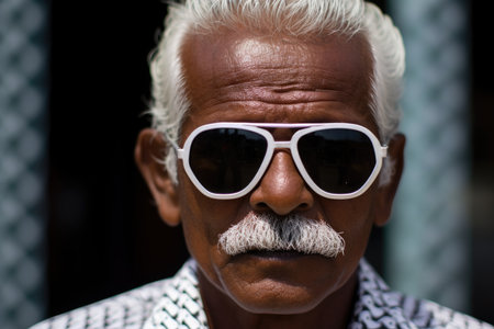 Sightless Individual's Close-Up: A close-cropped portrait of a visually impaired man donning blind glasses, marking the occasion of Blindness Awareness Dayの素材