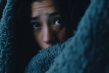 Emotional solitude: A poignant photo capturing the emotional isolation of Blue Monday, featuring a woman embracing a pillow in a sea of desolate blue tonesの素材