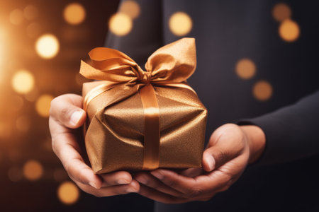 Festive hues in hand: a hands-on display of a colorful gift, spreading the cheer and excitement synonymous with the joyous Gift-Giving Dayの素材