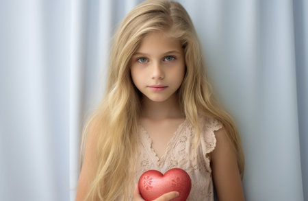A young girl against a bright backdrop, cradling a vibrant red heartの素材