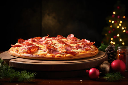 A round pizza, adorned with festive toppings, steals the spotlight on a New Year's decorated table, adding a savory twist to the celebrationの素材