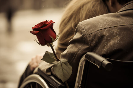 A poignant composition: a fragment of a wheelchair intertwined with a vibrant red rose, symbolizing strength, resilience, and beauty on Disability Dayの素材