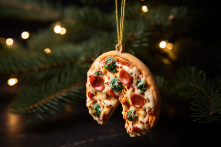 Unconventional holiday charm: a pizza slice ornament playfully adorns the Christmas tree branchesの素材