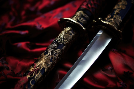 A detailed close-up showcasing the mastery in the craftsmanship of two katanas, side by side, an ode to the skill of the swordsmithの素材
