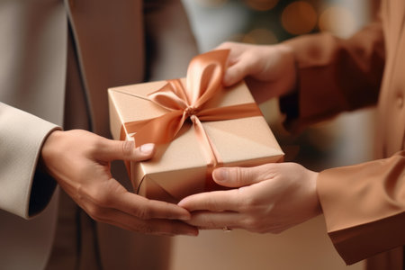 Festive exchange: a close-up image of hands passing elaborately wrapped Christmas gifts, embodying the joy and generosity of the holiday seasonの素材