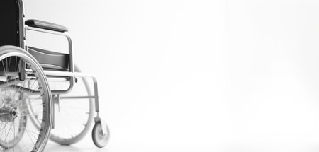 White Canvas of Possibilities: An unoccupied wheelchair on a white backdrop, representing a canvas ready to be painted with stories of resilience and triumph, banner, copyspaceの素材