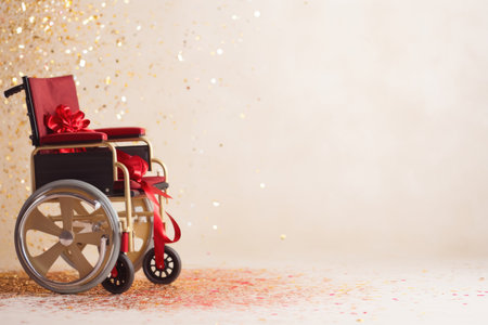 A photo featuring a wheelchair adorned with Christmas lights, symbolizing the illuminating power of inclusion and unity during the holidays, banner, copyspaceの素材