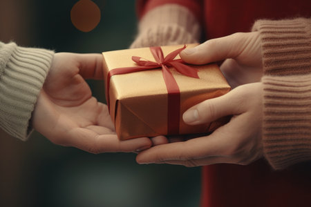 Photo pour Tender moments: a close-up photo captures the hands of a man and a woman in the act of gifting, radiating the romantic atmosphere of Valentine's Day - image libre de droit