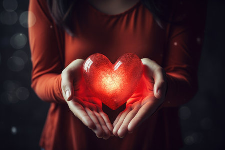 Love in Palms: A close-up of female hands tenderly holding a big red heart, creating a visual representation of affection and warmthの素材