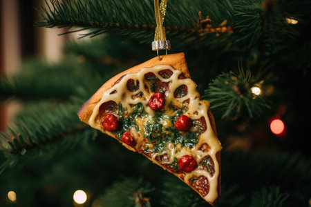A festive slice of pizza, shaped like a Christmas ornament, joyfully hangs from the holiday treeの素材