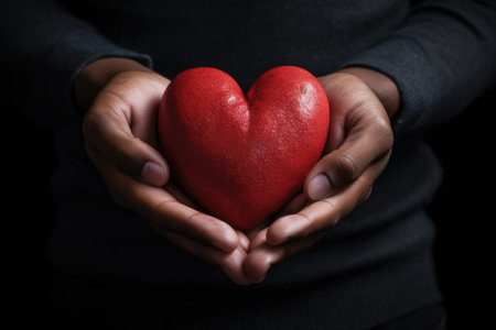 Male hands delicately cradle a big red heart, creating an intimate and romantic atmosphere against a warm backgroundの素材