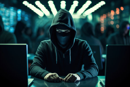Faceless hacker wearing a hood and sunglasses typing malicious code on a laptop, online attack, cyber espionage, hacking skills, computer crime, internet fraud, digital warfareの素材