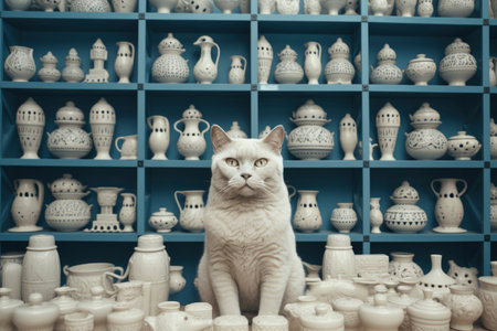 An inquisitive cat looks directly at the viewer amidst an assortment of porcelain cups and pitchers displayed on shelvesの素材