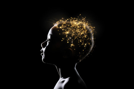 A child surrounded by radiant lights in the brain region against a black canvas, depicting the intricate neural pathwaysの素材
