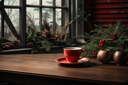 A desk adorned with Christmas ornaments hosts a coffee cup, harmonizing the warmth of a hot drink with the holiday spiritの素材