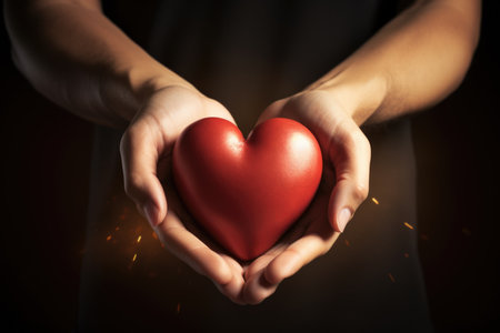Strong hands delicately hold a vibrant red heart, bathed in soft light, creating an atmosphere filled with love and warmthの素材