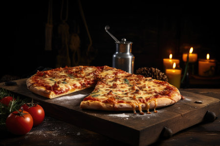 Pepperoni pizza perfection on a dark surface, an exquisite blend of rich flavors, an Italian culinary symphonyの素材