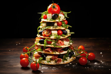 Yuletide delight captured: a pizza crafted as a Christmas tree, decked with delicious ingredients, a tasty symbol of holiday cheerの素材