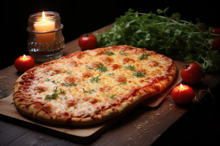 A tantalizing image of pepperoni pizza against a dark background, a delectable homage to the savory artistry of Italian cuisineの素材